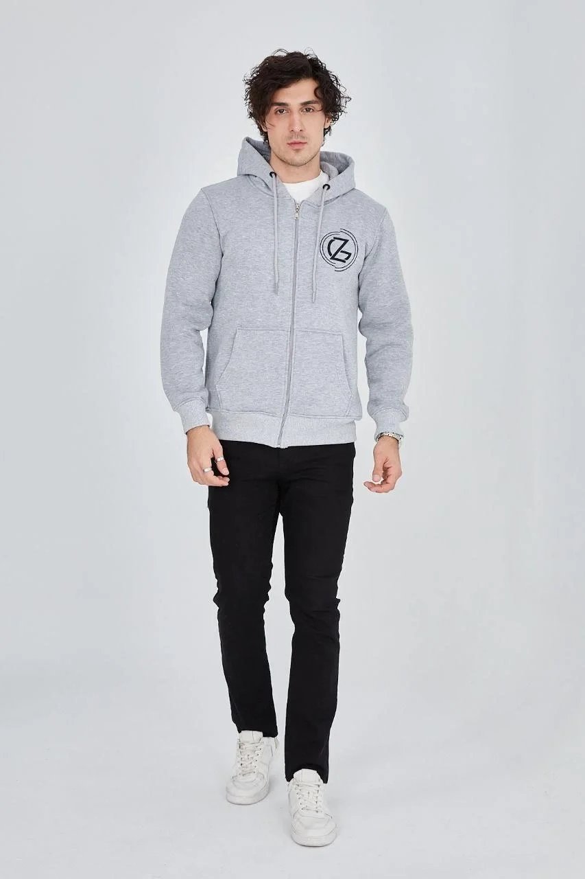 Férfi szürke 3 szálas pamut cipzáras kapucnis nyomott hoodie 5
