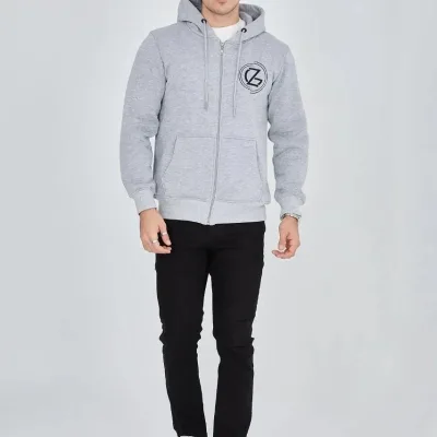 Men's Gray 3-Thread Cotton Zippered Hooded Printed Hoodie 5