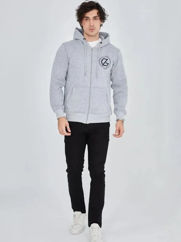 Men's Gray 3-Thread Cotton Zippered Hooded Printed Hoodie 5