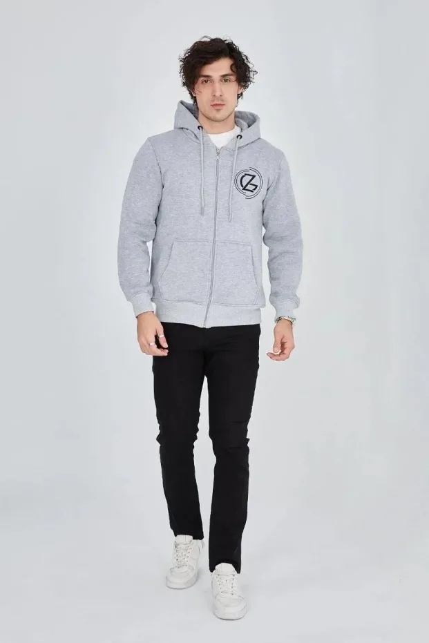 Erkek Gri 3 İplik Pamuklu Fermuarlı Kapüşonlu Baskılı Hoodie 5