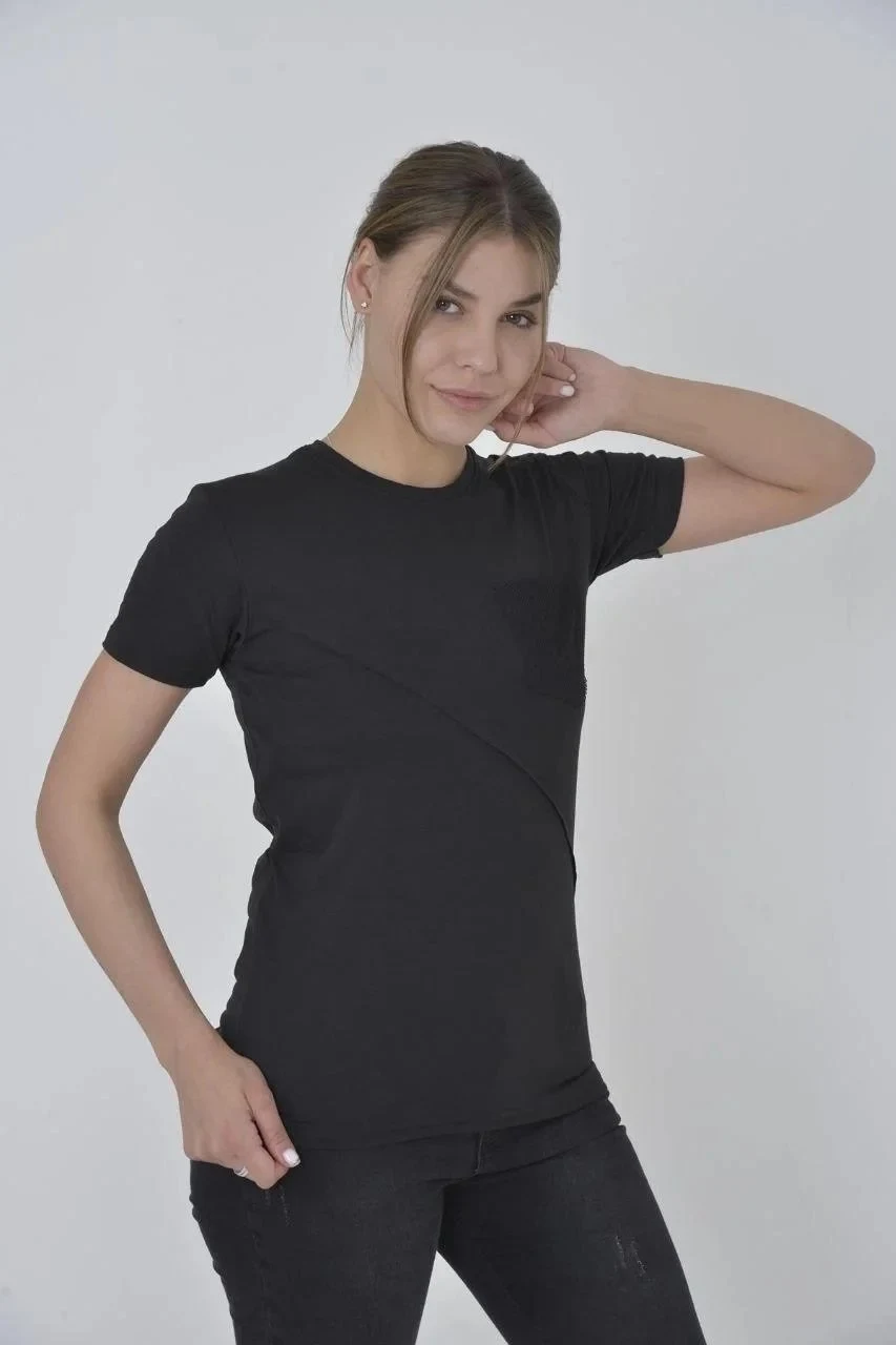 Γυναικείο Μαύρο Στενό T-shirt με Στρογγυλή Λαιμόκοψη και Δικτυωτή Τσέπη