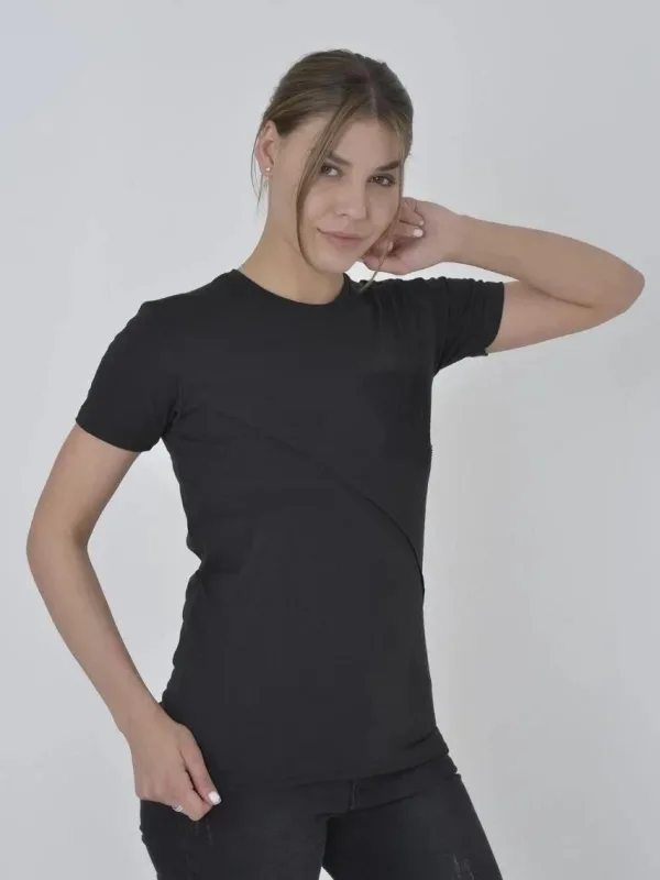Γυναικείο Μαύρο Στενό T-shirt με Στρογγυλή Λαιμόκοψη και Δικτυωτή Τσέπη 1