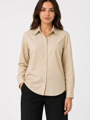 Women's Beige Buttoned Classic Collar Long Sleeve Shirt