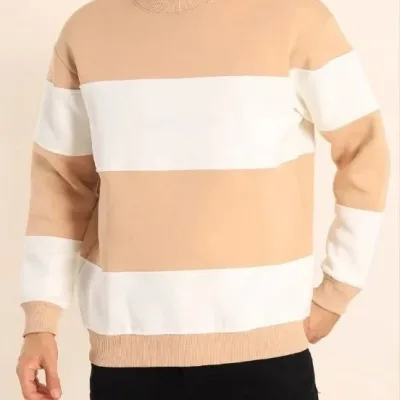 Men's Beige Patchwork 3-Thread Cotton Cycling Neck Sweatshirt 1