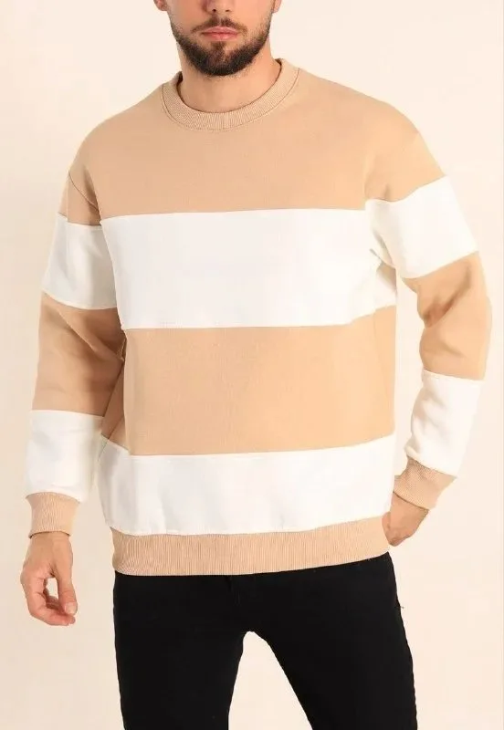 Men's Beige Patchwork 3-Thread Cotton Cycling Neck Sweatshirt 1