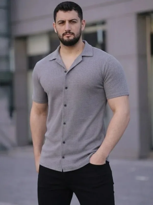 Men's Gray Regular Fit Waffle Fabric Button Open Collar Shirt 1