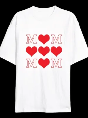Women's White Oversize Mom Heart Printed Crew Neck T-Shirt