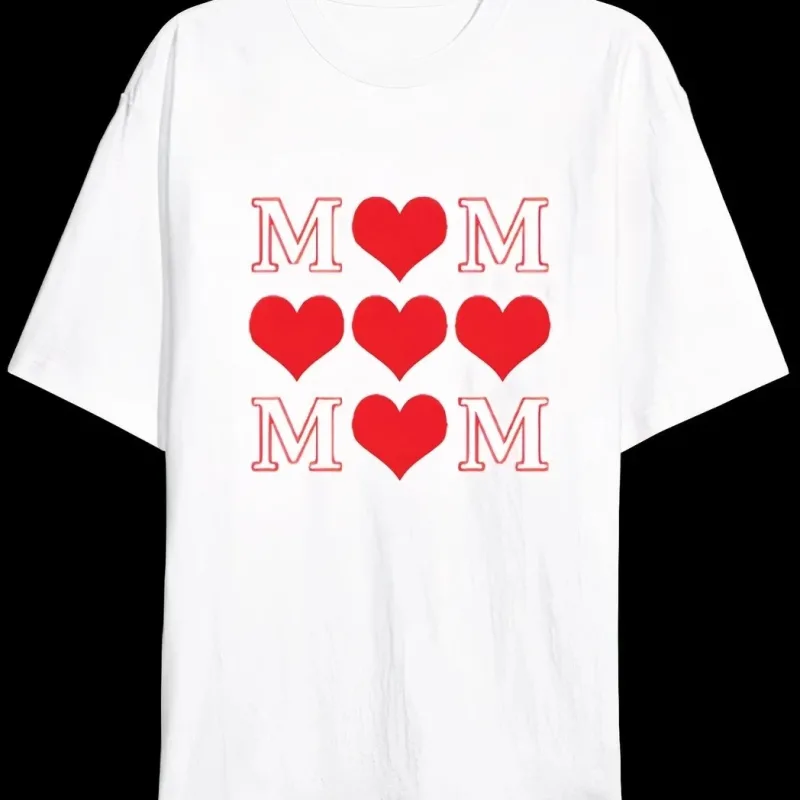 Women's White Oversize Mom Heart Printed Crew Neck T-Shirt