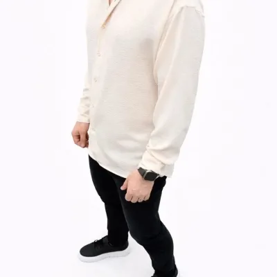 Men's Beige Oversize Aerobin Fabric Long Sleeve Comfortable Shirt 3