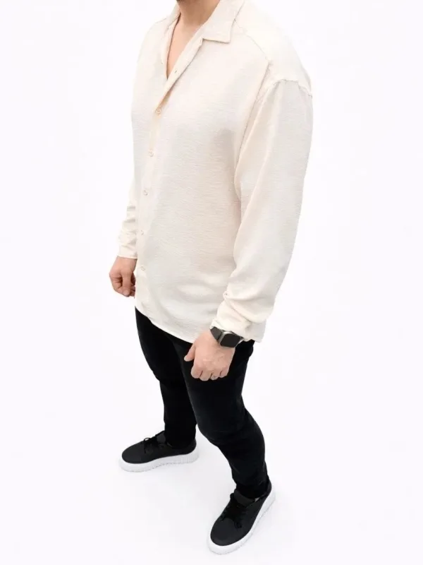 Men's Beige Oversize Aerobin Fabric Long Sleeve Comfortable Shirt 3
