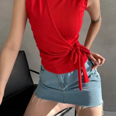 Strap Front Cross Tie Blouse Red 4