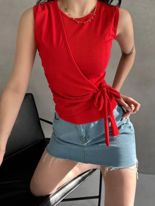 Strap Front Cross Tie Blouse Red 4