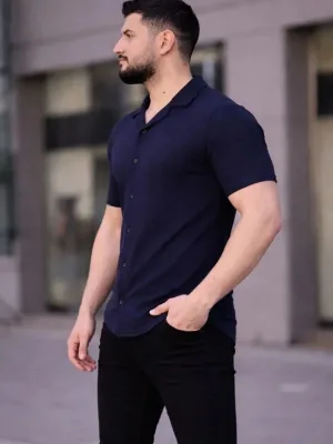 Ανδρικό Σκούρο Μπλε Regular Fit Πουκάμισο με Waffle Ύφασμα, Κουμπιά και Ανοιχτό Γιακά