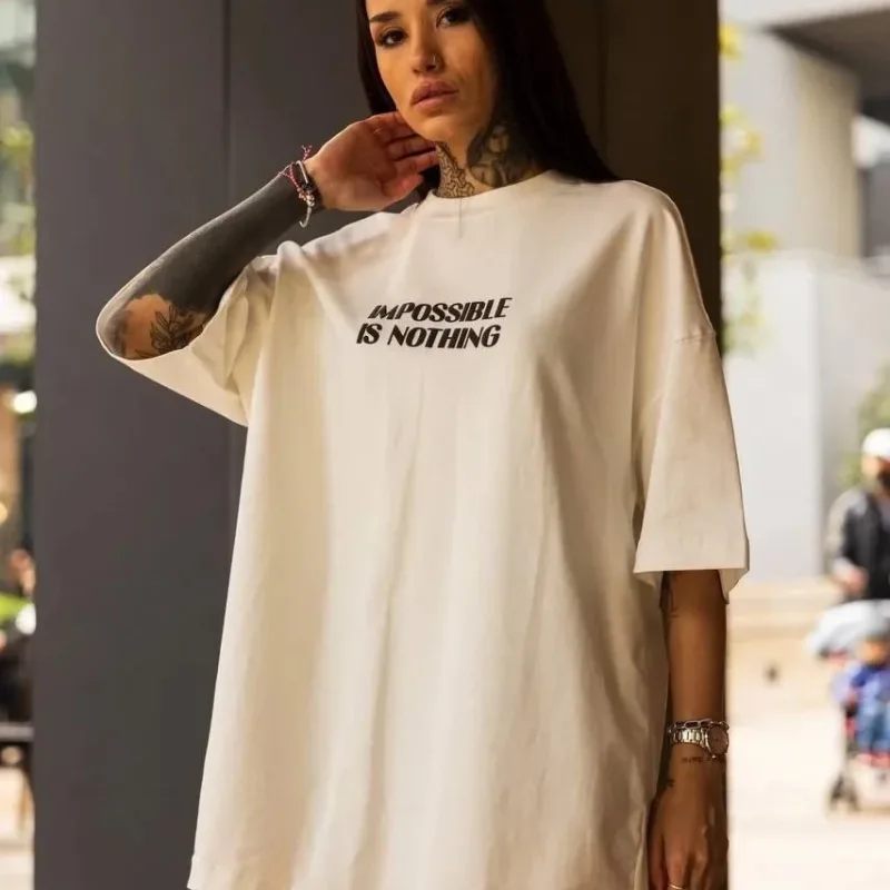 Γυναικείο Λευκό Oversize Στρογγυλό Λαιμό Τυπωμένο Κοντομάνικο Μπλουζάκι