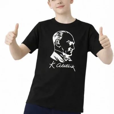 Cocuk Siyah Ataturk Baskili Bisiklet Yaka Tisort 2