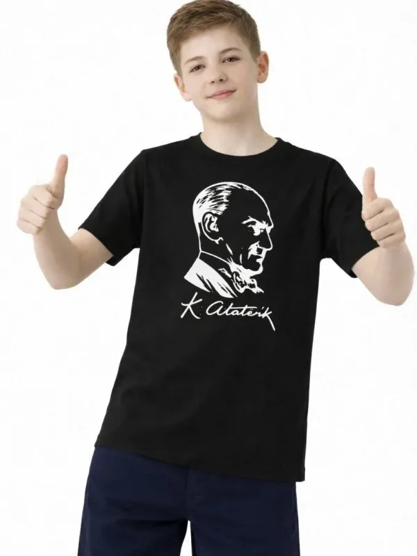 Cocuk Siyah Ataturk Baskili Bisiklet Yaka Tisort 2
