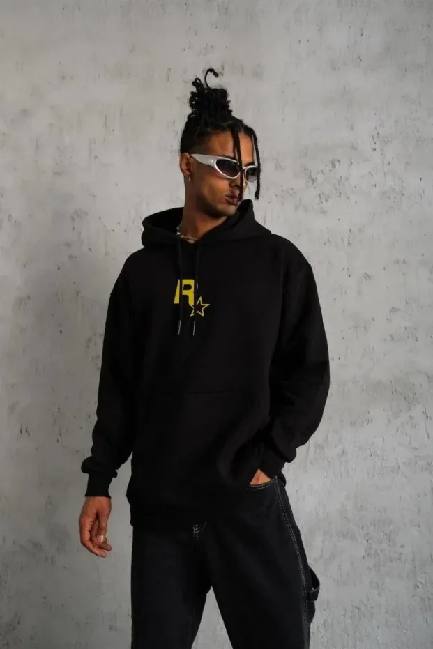 Mêr Reş Oversize 3 Têl Pembeyî Çapkirî Bi Kevanê Sweatshirt 1