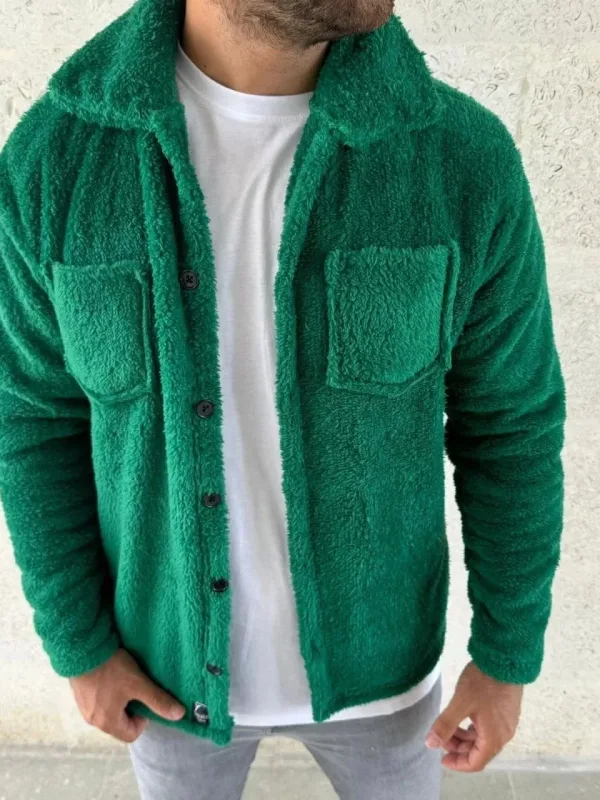 Barbat Verde Camasa Guler Butonat Pufos Polar Haină 4