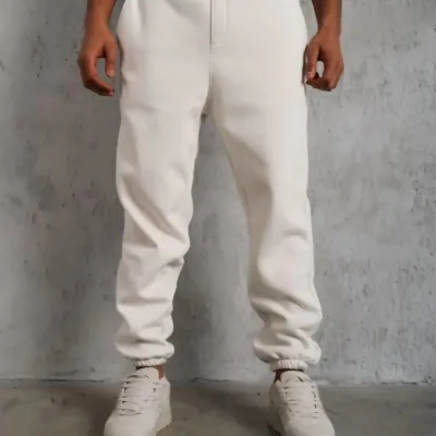 Men's White 3-Thread Cotton Elastic Cuff Sweatpants 2