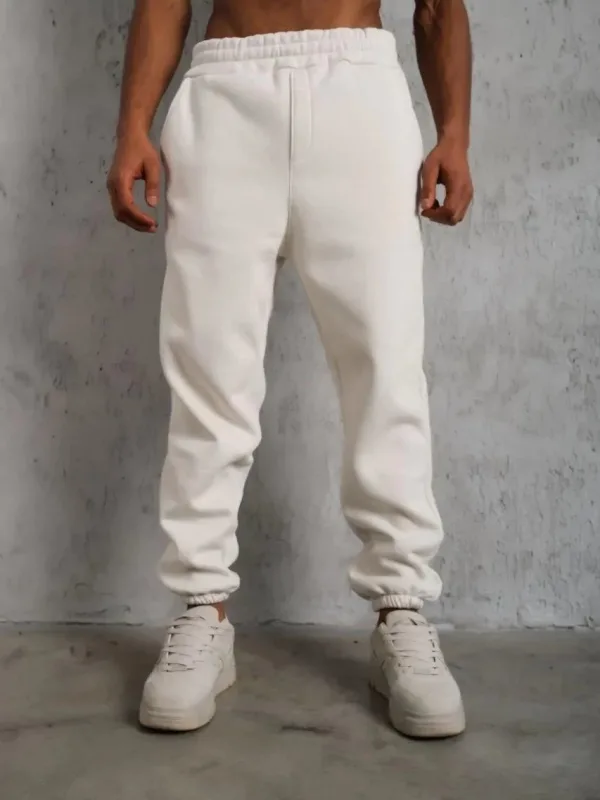 Men's White 3-Thread Cotton Elastic Cuff Sweatpants 2
