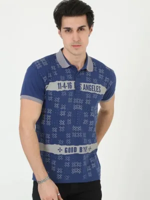 Men's Blue Slim Fit Polo Neck Printed Short Sleeve T-Shirt