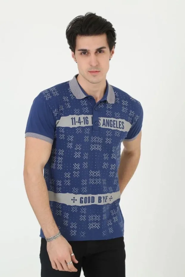 Muški Plavi Slim Fit Polo Kragna Print Kratki Rukav Majica 1