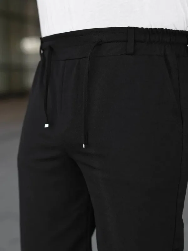 Men's Black Double Hem Pockets Elastic Drawstring Shorts 2