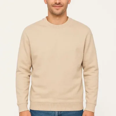 Men's Beige 3-Thread Cotton Plain Crew Neck Sweatshirt 4