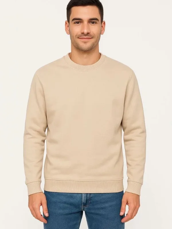Men's Beige 3-Thread Cotton Plain Crew Neck Sweatshirt 4