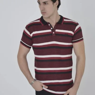 Pánské vínové slim fit polo tričko s tkanými pruhy 2