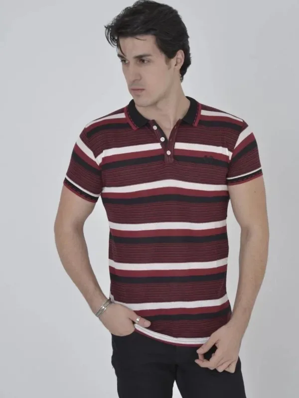 Pánské vínové slim fit polo tričko s tkanými pruhy 2