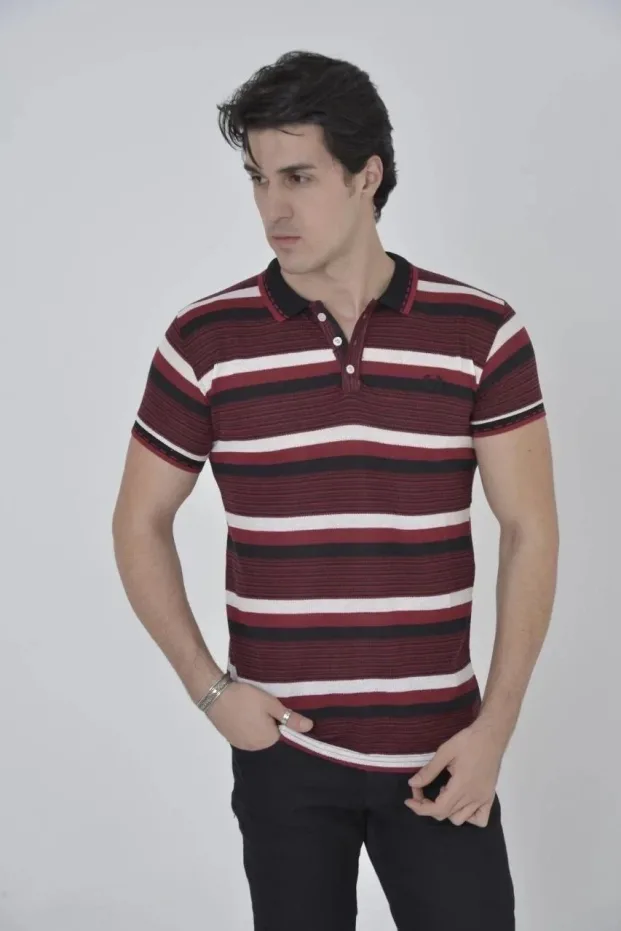 Чоловіча футболка-поло бордова slim fit, тканинна смужка 2