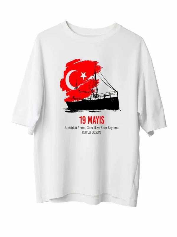 Muška bela oversize 19. maj Ataturk print majica 1
