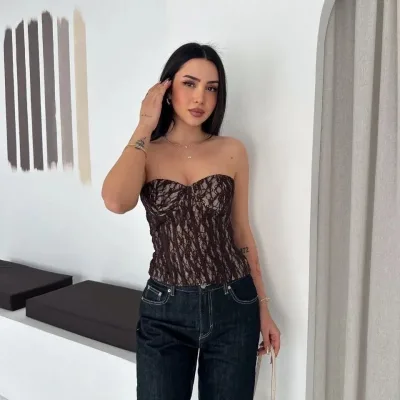 Women's Brown Transparent Lace Corset Strapless Crop Top 5