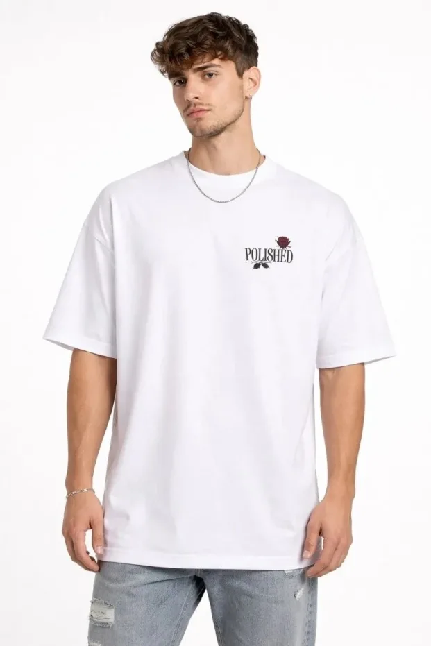 Машки бел oversize велосипед јака печат маица 3