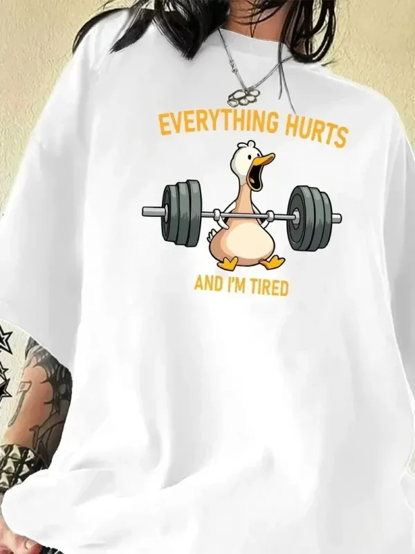 Damski Biały Oversize Rowerowy Kołnierz Kaczka Nadruk T-shirt 1
