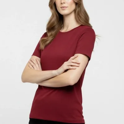 Femeie Tricou Basic Visiniu Slim Fit cu Guler Bicicletă, Elastan 2