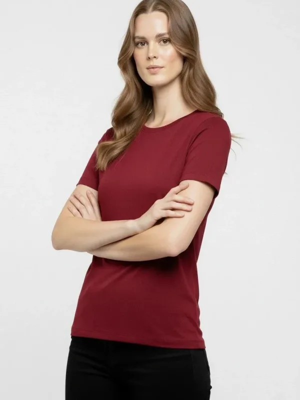 Femeie Tricou Basic Visiniu Slim Fit cu Guler Bicicletă, Elastan 2