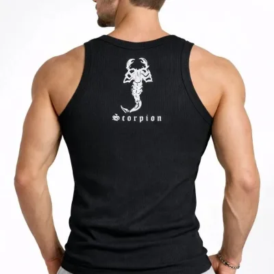 Men's Black Slim Fit V-Neck Ribbed Back Printed Sport Tank Top 2