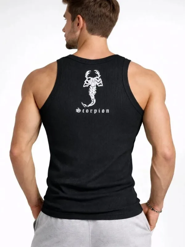 Men's Black Slim Fit V-Neck Ribbed Back Printed Sport Tank Top 2