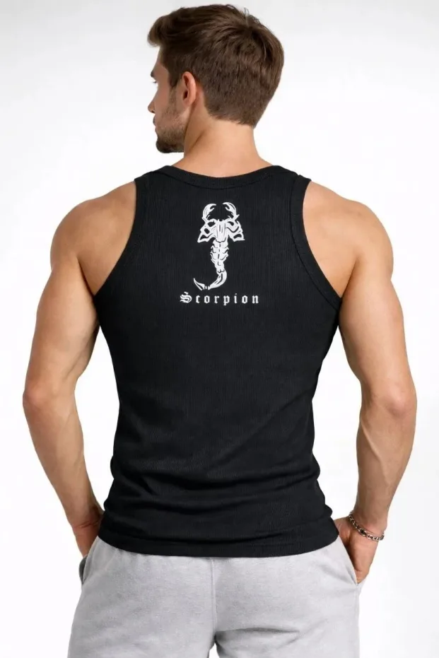 Erkek Siyah Slim Fit Sıfır Yaka Fitilli Arka Baskılı Spor Atlet 2