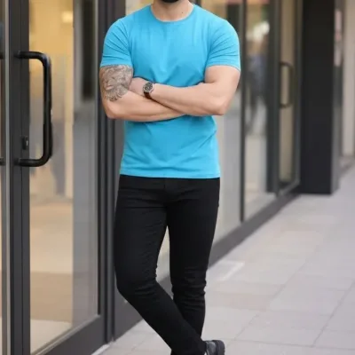 მამაკაცის ღია ცისფერი ლიკრა Slim Fit ველოსიპედის ყელიანი Body მაისური 3
