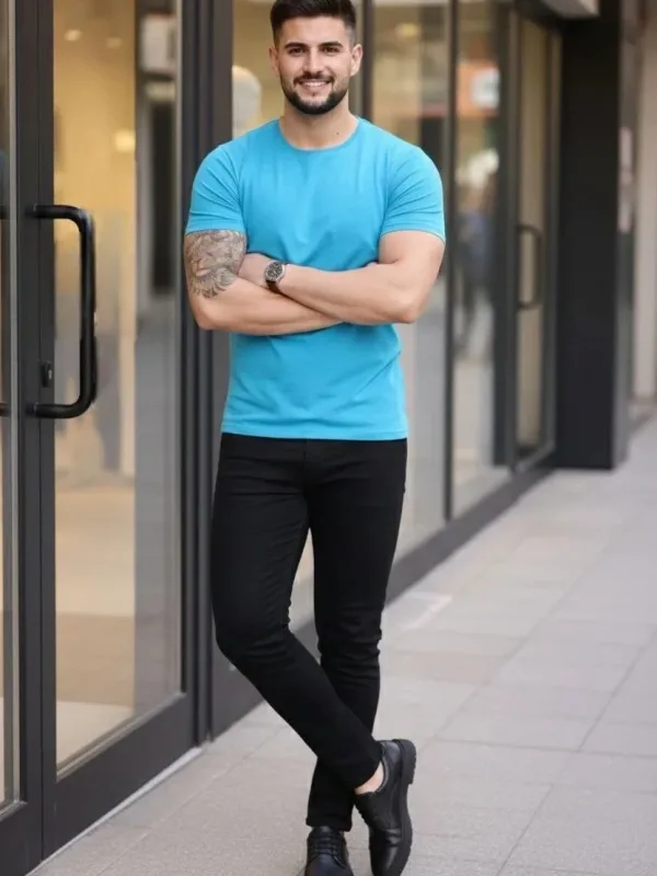 მამაკაცის ღია ცისფერი ლიკრა Slim Fit ველოსიპედის ყელიანი Body მაისური 3