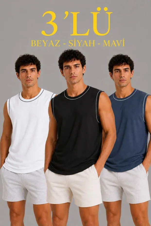 Erkek 3'lü Set Kolsuz Bisiklet Yaka Pamuklu Sporcu Atlet 1