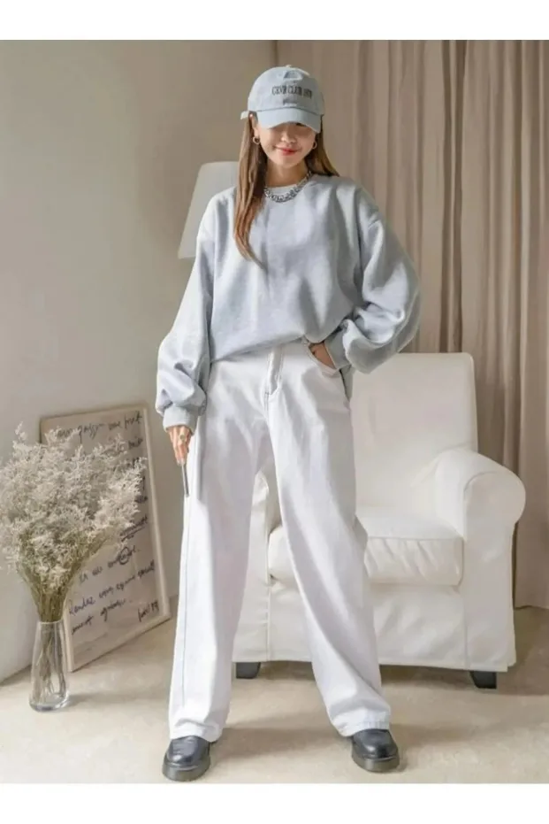 Gratë Gri Oversize Gjysmë Zip Pambuku Sweatshirt 1