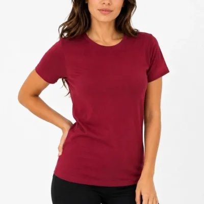 Kadın Bordo Slim Bisiklet Yaka Basic Kısa Kol Tişört 1