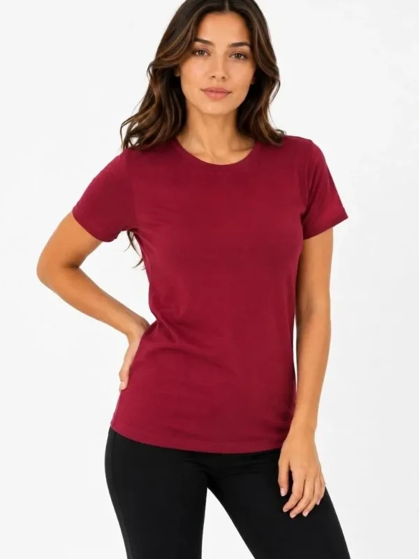 Kadın Bordo Slim Bisiklet Yaka Basic Kısa Kol Tişört 1