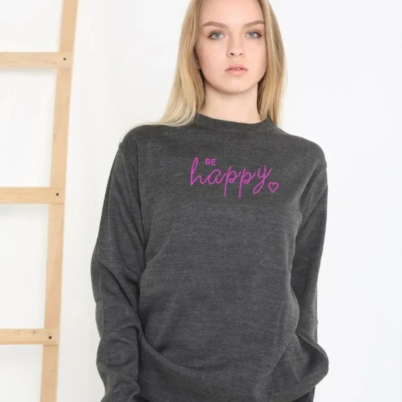 Women Smoke Crew Neck Printed Woven Knit Sweater