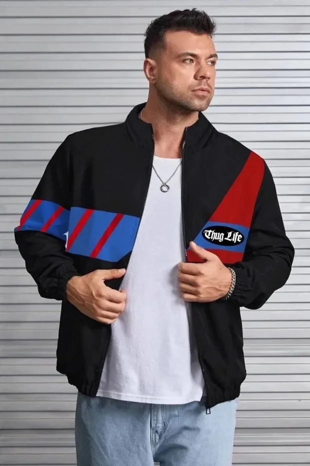 Men Black Long Sleeve Zippered Printed Windbreaker 1
