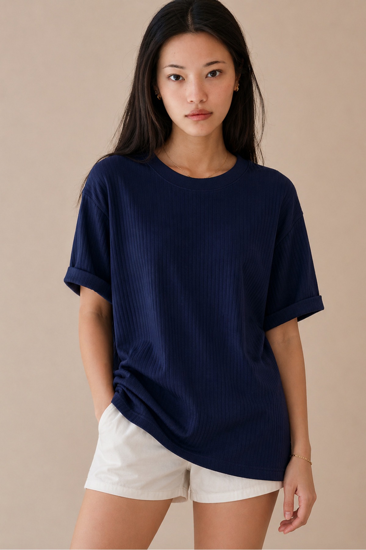 Gratë Blu e Errët Ribana Oversize T-Shirt 100% Pambuk Prerje e Lirshme 3